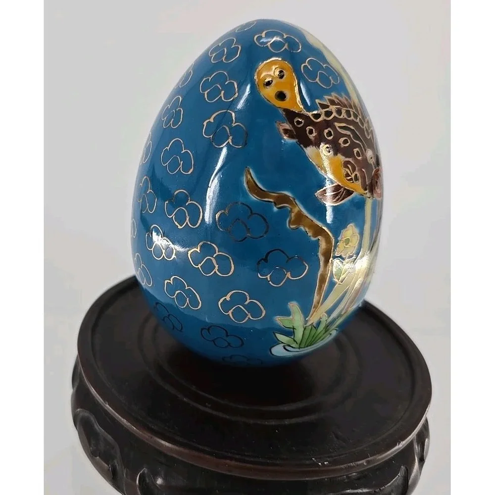 Ceramic Emu Egg- Koi Fish in Pond Graphic- Unique - 7 Oz‎ Enamel Ceramic Egg